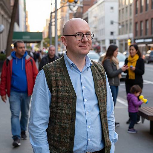 Photograph of a bald, bespectacled man in a light blue shirt and green plaid vest standing on a busy city street. Blurred