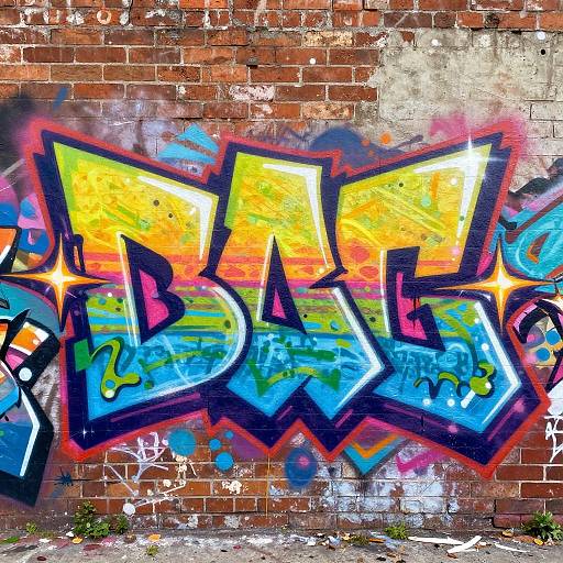 Vibrant graffiti on a weathered brick wall featuring bold, multicolored letters in yellow, blue, pink, and green with neon outlines and
