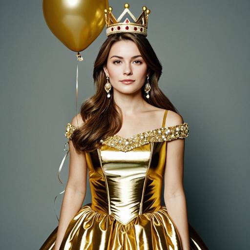 Young Woman in Gold Dress with Crown and Balloon