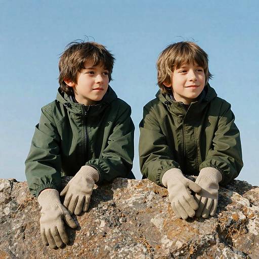 Two Boys in Green Jackets by a Rock