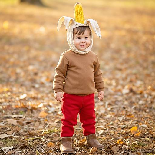 Photograph of a smiling toddler in a brown sweater, red pants, and a corn hat with bunny ears, standing on a leaf-covered field in autumn
