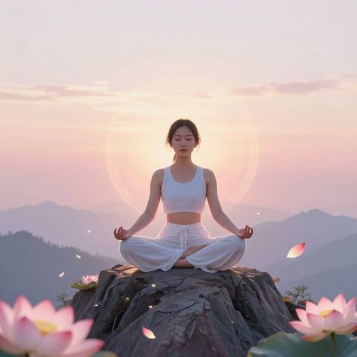 Photograph of a serene Asian woman in white sports bra and pants, meditating cross-legged on a rocky mountain peak at sunset, surrounded by pink lot