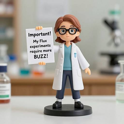 Photograph of a plastic figurine of a brown-haired scientist with black glasses, white lab coat, holding a sign reading 