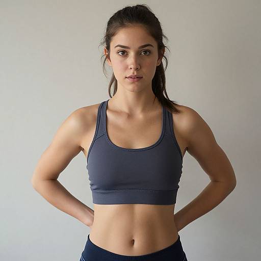 Photograph of a fit, young woman with fair skin, dark brown hair in a ponytail, wearing a navy blue sports bra and black pants,