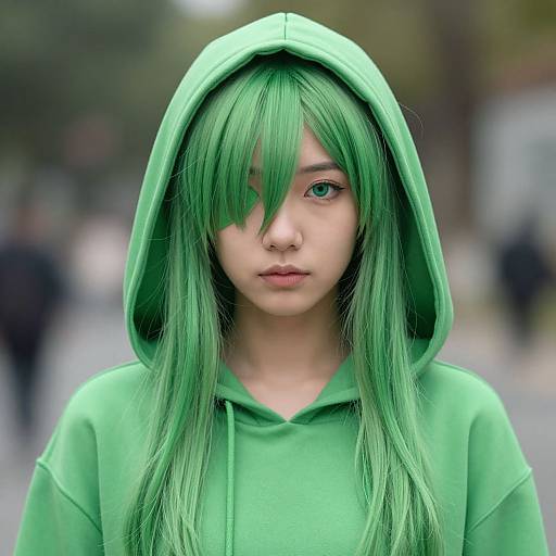 Realistic Girl in Green Hoodie