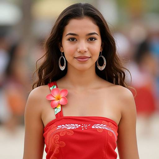 Photograph of a young woman with long dark hair, wearing a red strapless top, large hoop earrings, and a red hibiscus flower