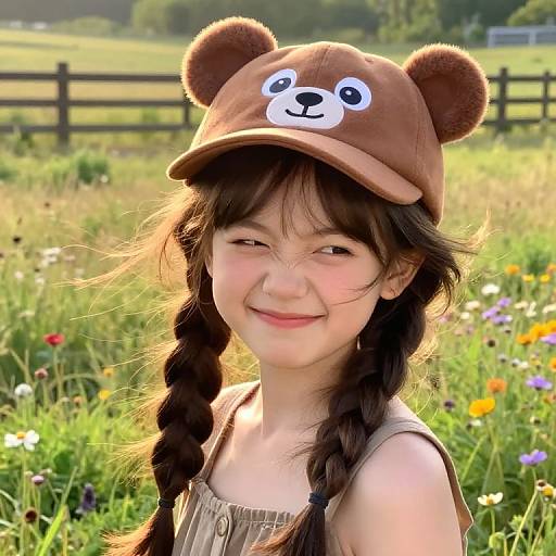 Playful Girl in Bear Hat Meadow