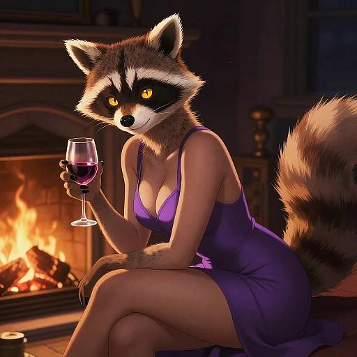 Anthropomorphic Raccoon Woman in Purple Dress by Fireplace