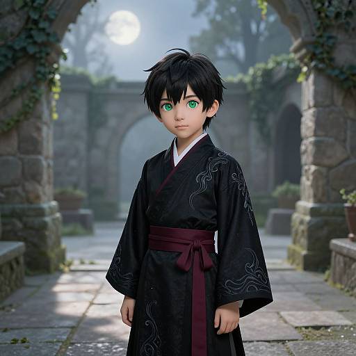 Young boy in embroidered black robe in ancient courtyard