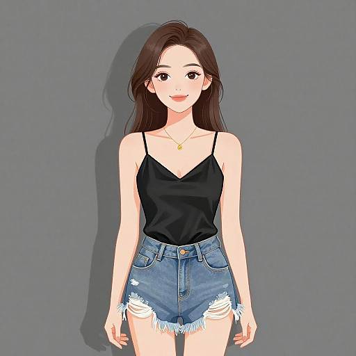 Digital anime-style drawing of a smiling young woman with long brown hair, wearing a black spaghetti strap top and frayed denim shorts against a gray background.