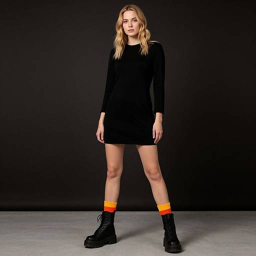 Photograph of a blonde woman in a black long-sleeve mini dress, black combat boots, and orange-yellow gradient socks, standing against a dark