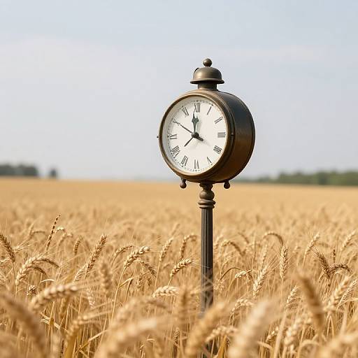 Vintage-style clock standing in a golden wheat field under a clear blue sky, with barley stalks surrounding its base.