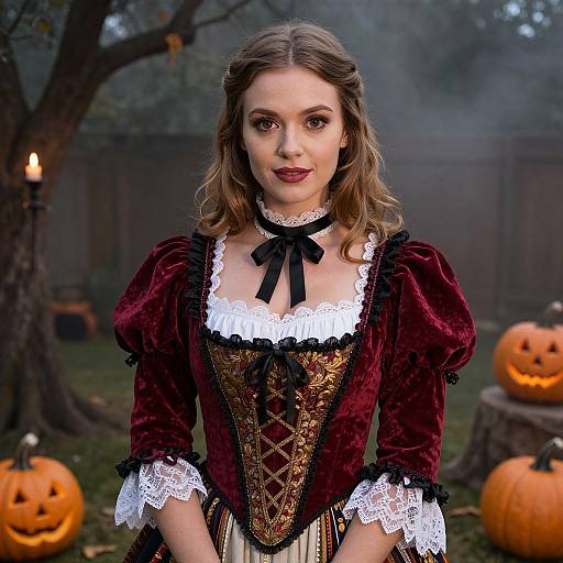 Photograph of a young woman with wavy brown hair, wearing a Victorian-style maroon velvet dress with white lace, black ribbon, and corset