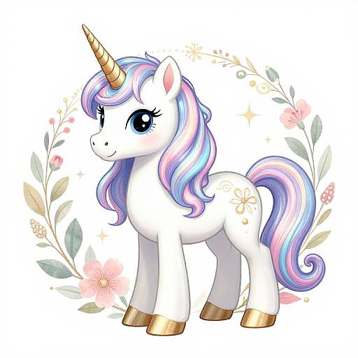 Cute digital drawing of a white unicorn with a blue, pink, and purple mane, large blue eyes, gold accents, and floral background.