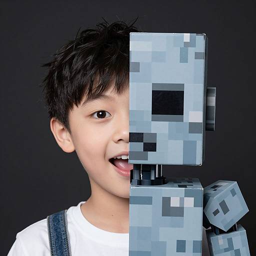 Photograph of a smiling Asian boy with short black hair, partially obscured by pixelated Minecraft-style blocks, against a black background.