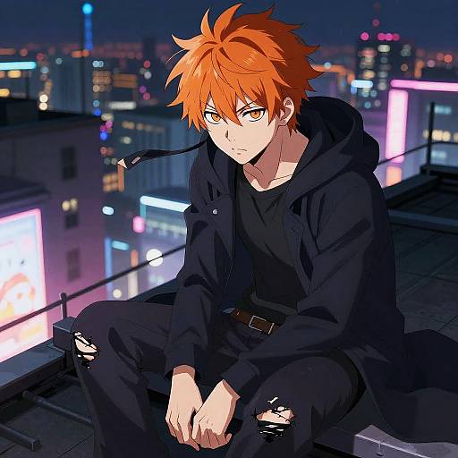 Anime-style digital drawing of a young man with spiky orange hair, wearing a black hoodie and ripped pants, sitting on a rooftop at night, with