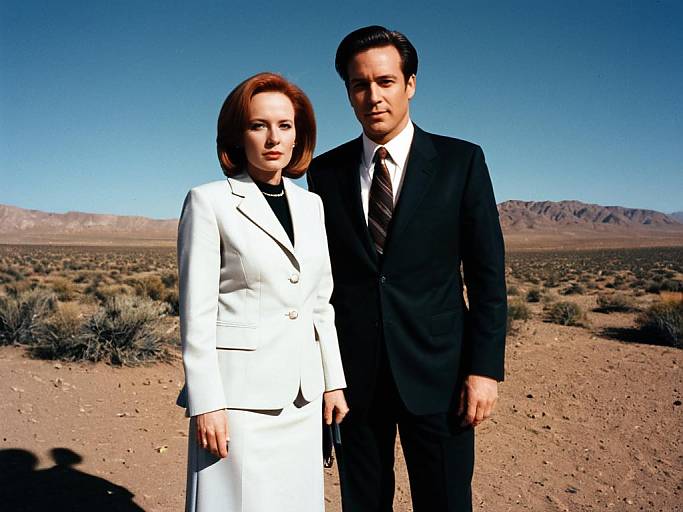 Photograph of a serious-looking man in a black suit and tie, standing beside a woman in a white suit, against a desert backdrop with clear blue
