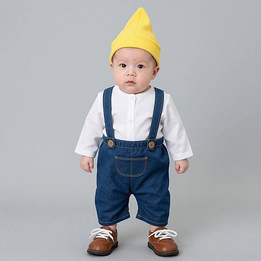 Photograph of a baby with light skin, wearing a yellow cone hat, white shirt, blue denim overalls, and brown shoes, standing against a