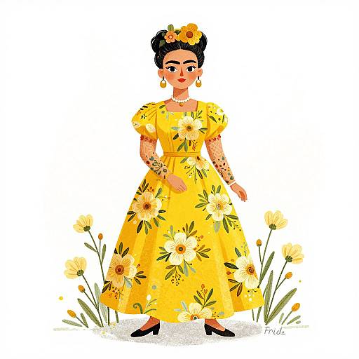 Whimsical Woman in Yellow Floral Dress