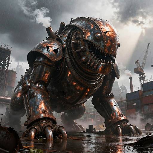 Rusted Steel Leviathan Over Rain-Soaked City