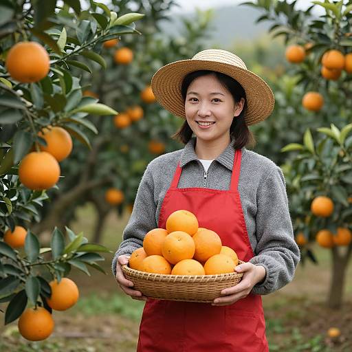 Smiling Woman Harvesting Oranges in Orchard