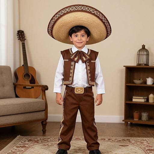 Photograph of a young boy with dark hair, wearing a large straw sombrero, brown vest, white shirt, and brown pants, standing in a