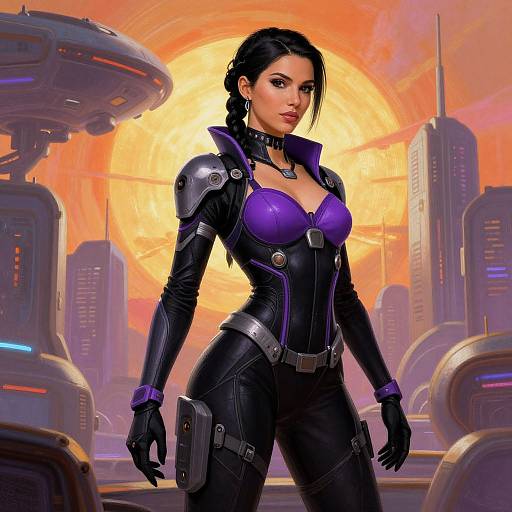 Digital art of a confident, dark-haired woman in a black and purple sci-fi bodysuit, standing against a futuristic cityscape with a bright orange