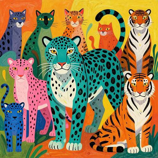 Vibrant digital illustration of diverse cats, including leopards and tigers, in bold colors and patterns, standing against a bright, yellow-orange
