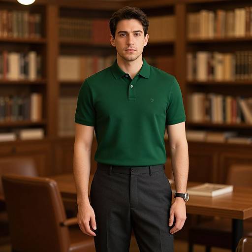 Photograph of a handsome, muscular man with short dark hair, wearing a green polo shirt and black pants, standing in a library with wooden booksh