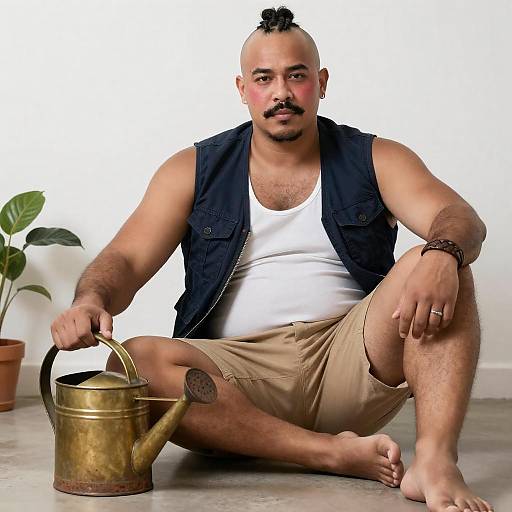 Mature Muscular Gardener Holding Watering Can