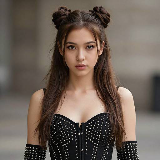 Photograph of a young Asian woman with long brown hair in double buns, wearing a black, strapless, studded dress, and arm gloves