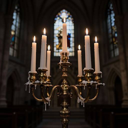 Photograph of a golden candelabrum with melting white candles, lit, in a dimly lit, Gothic-style church with stained glass windows in