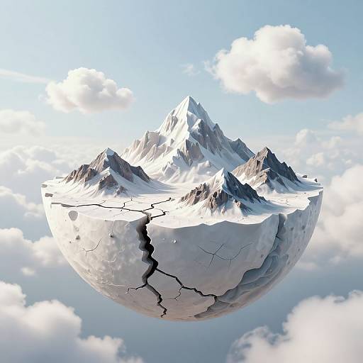 Photorealistic digital art of a cracked, white, spherical mountain with jagged peaks floating in a bright blue sky with fluffy clouds.