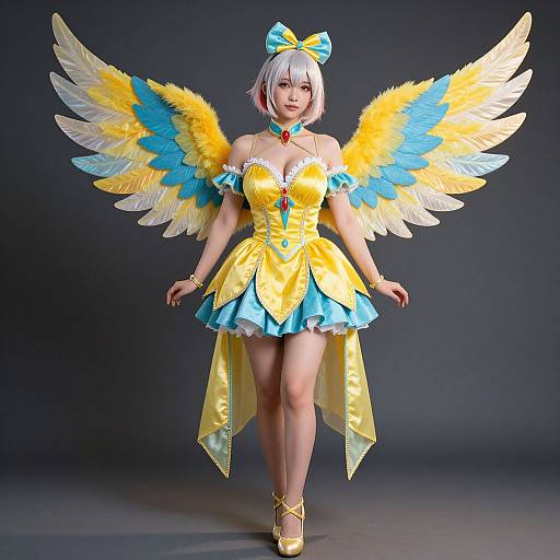 Photograph of a cosplayer with white bob hair, yellow and blue angel wings, matching dress, and gold heels, standing against a dark background.