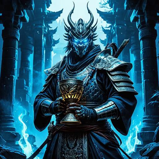 Cybernetic Samurai with Dragon Chalice in Neon Temple