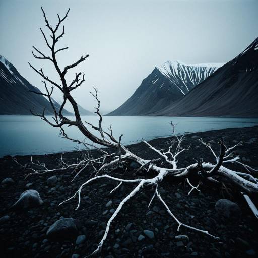 Twisted Branches on Rocky Shore in Arctic Landscape