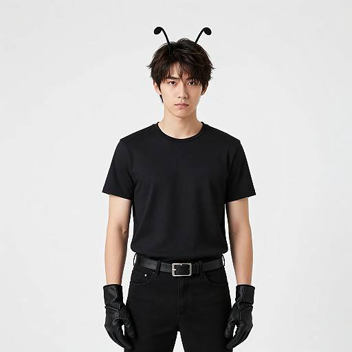 Photograph of an Asian man with short black hair, wearing a black t-shirt, black pants, black gloves, and ant-like headgear, standing