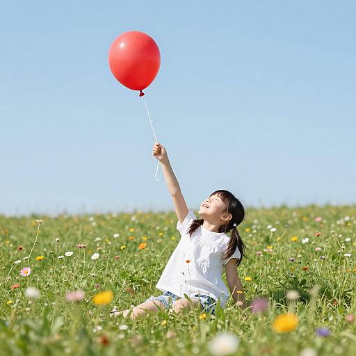 Photograph of an Asian girl with dark hair, wearing a white shirt, sitting in a colorful meadow, reaching for a red balloon against a clear
