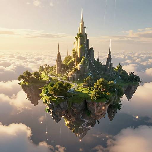 Digital art of a floating, lush island castle with towering spires, surrounded by clouds, sunlight, and winding paths, reflecting below.