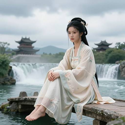 Digital art of an East Asian woman in a white floral kimono, sitting on a wooden bridge, with a waterfall and traditional pagodas in the