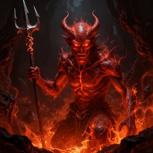 Digital artwork of a fierce, glowing red demon with horns, sharp teeth, and a trident, sitting amidst fiery lava and dark smoke.
