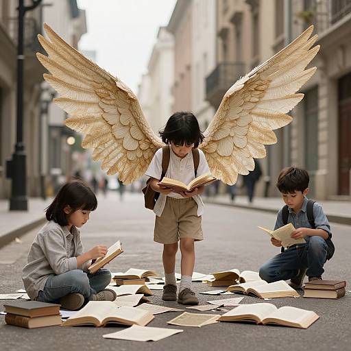 Photograph of three children with fairy wings reading books on a city street; two sitting, one standing, with scattered books.
