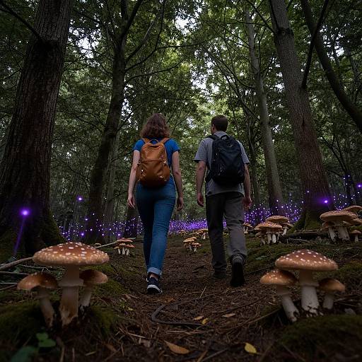 Photograph of a forest path with a woman and man walking away, surrounded by glowing mushrooms and purple fairy lights.