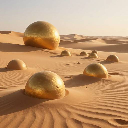 Photorealistic CGI of a desert landscape with multiple golden, dome-shaped rocks scattered across rippled, orange sand dunes under a clear, bright sky