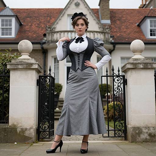 Photograph of a Victorian-style woman in gray dress, black corset, white blouse, black bow, black heels, standing before a white stone gate