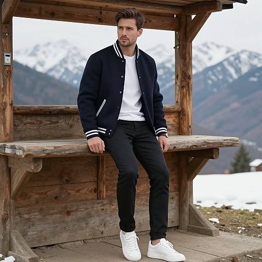 Photograph of a bearded man with short brown hair, wearing a black varsity jacket, white shirt, black pants, and white sneakers, sitting