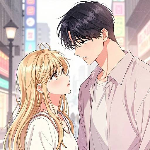 Anime-style digital drawing of a blonde girl and black-haired boy standing closely on a brightly lit, colorful city street. Both wear white shirts, gazing