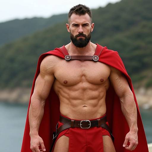 Bearded Hero in Red Cape Outdoors