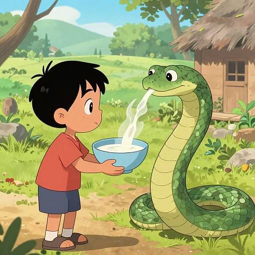 Boy Feeding Snake in Low Key Art