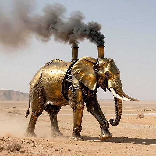 Photorealistic digital artwork of a golden, steam-powered elephant with black smoke billowing from its back, walking in a desert.
